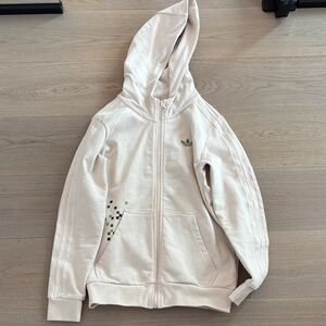 adidas Cream Zip-Up Hoodie with Green Trefoil & Pixel Accents